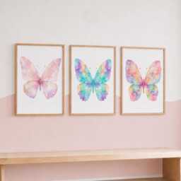 Butterfly Nursery Print Set - Pink Girls Room Decor, Butterflies Girl Bedroom Wall Art - thumbnail 3