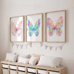 Butterfly Nursery Print Set - Pink Girls Room Decor, Butterflies Girl Bedroom Wall Art - thumbnail 2