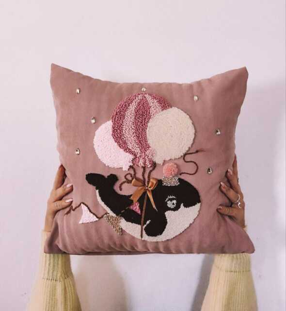Cozy Pink Killer Whale Pillowcase in A Festive Hat With Pompom Flying On Balloons & Garland Of Flags Encrusted Drop Crystals - image 1