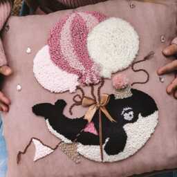 Cozy Pink Killer Whale Pillowcase in A Festive Hat With Pompom Flying On Balloons & Garland Of Flags Encrusted Drop Crystals - thumbnail 3