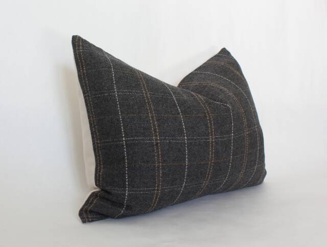 Charcoal Lumbar Pillow, Dark Plaid Pillow Cover, Gray Decorative Long For Bed -- Glenton - image 1