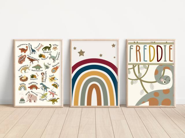 Personalised Dinosaur Prints Including Dino Alphabet. Perfect For A Playroom, Nursery Or Bedroom - Unframed - image 1