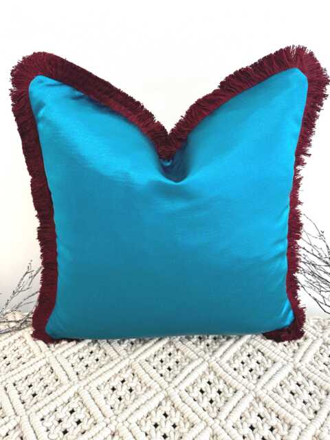 Luxury Teal Satin Cushion Fringed in Rouge Pink Red, Customisable Cover, Designer Fabric, Feather Inserts Optional - Style 130 - image 1