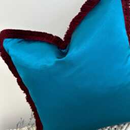 Luxury Teal Satin Cushion Fringed in Rouge Pink Red, Customisable Cover, Designer Fabric, Feather Inserts Optional - Style 130 - thumbnail 3