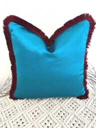 Luxury Teal Satin Cushion Fringed in Rouge Pink Red, Customisable Cover, Designer Fabric, Feather Inserts Optional - Style 130