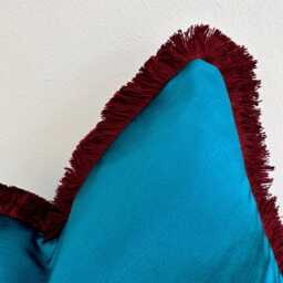Luxury Teal Satin Cushion Fringed in Rouge Pink Red, Customisable Cover, Designer Fabric, Feather Inserts Optional - Style 130 - thumbnail 2