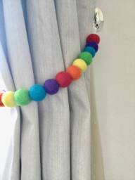 Rainbow Felt Ball Curtain Tie Back 100% Wool