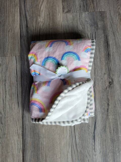 "Rainbow Baby Blanket Pink Flannel, White Minky Fleece - 35""x35" - image 1