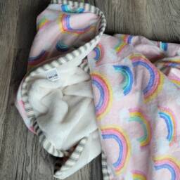 "Rainbow Baby Blanket Pink Flannel, White Minky Fleece - 35""x35" - thumbnail 3