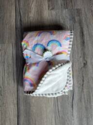 "Rainbow Baby Blanket Pink Flannel, White Minky Fleece - 35""x35" - thumbnail 1