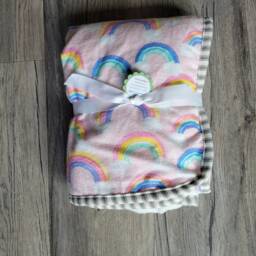 "Rainbow Baby Blanket Pink Flannel, White Minky Fleece - 35""x35" - thumbnail 4