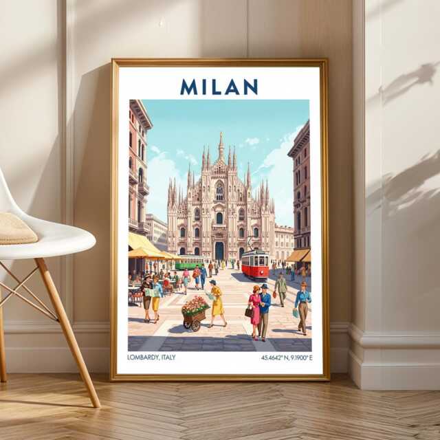 Milan Duomo & Vintage Tram Print Italian Cityscape Art - image 1