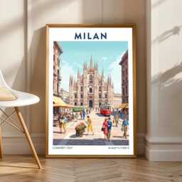 Milan Duomo & Vintage Tram Print Italian Cityscape Art - thumbnail 1