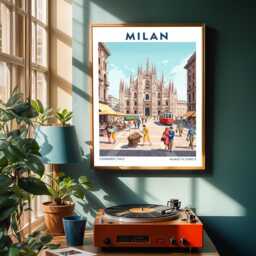 Milan Duomo & Vintage Tram Print Italian Cityscape Art - thumbnail 2
