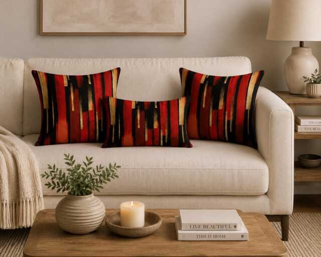 Handmade By Order Luxury Red Black & Gold Paint Abstract Pattern Velvet Cushion Covers Bespoke Sizes Available - image 1
