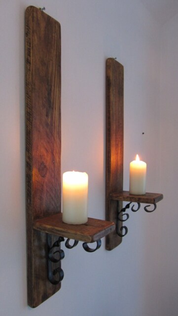 Pair Reclaimed Wood Rustic Wall Sconce's With Decorative Black Wrought Iron Bracket Candle Holders - image 1