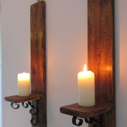 Pair Reclaimed Wood Rustic Wall Sconce's With Decorative Black Wrought Iron Bracket Candle Holders - thumbnail 2