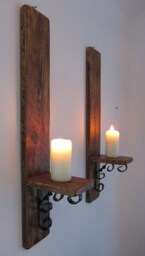 Pair Reclaimed Wood Rustic Wall Sconce's With Decorative Black Wrought Iron Bracket Candle Holders