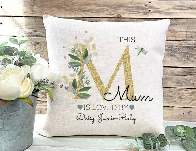 Personalised Mum Cushion, Gold Lettering Foliage Design, Gift For Mother - image 1