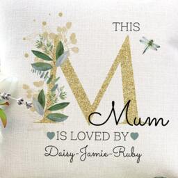 Personalised Mum Cushion, Gold Lettering Foliage Design, Gift For Mother - thumbnail 2