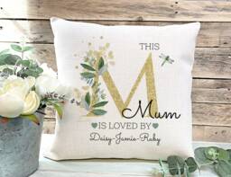 Personalised Mum Cushion, Gold Lettering Foliage Design, Gift For Mother - thumbnail 1