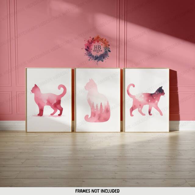 Pink Cat Prints - Set Of 3 Abstract Posters - Watercolour Artwork Cats Wall Hanging Home Decor Gift For Lover Blush - image 1
