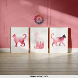 Pink Cat Prints - Set Of 3 Abstract Posters - Watercolour Artwork Cats Wall Hanging Home Decor Gift For Lover Blush - thumbnail 1
