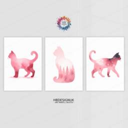 Pink Cat Prints - Set Of 3 Abstract Posters - Watercolour Artwork Cats Wall Hanging Home Decor Gift For Lover Blush - thumbnail 2