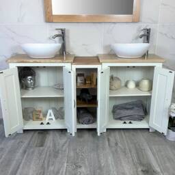 Handcrafted Solid Wood Vanity Unit - White Painted, Travertine Top & Ceramic Basins - thumbnail 2