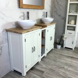 Handcrafted Solid Wood Vanity Unit - White Painted, Travertine Top & Ceramic Basins - thumbnail 3