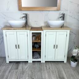 Handcrafted Solid Wood Vanity Unit - White Painted, Travertine Top & Ceramic Basins - thumbnail 1