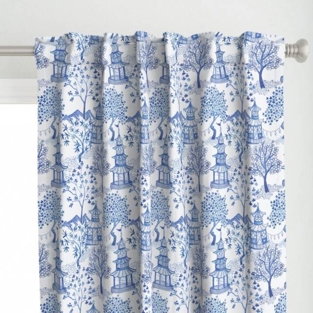 Chinoiserie Curtain Panel - Blue White Toile Pagoda Landscape & Custom Forest Blues By Danika_Herrick - image 1