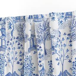 Chinoiserie Curtain Panel - Blue White Toile Pagoda Landscape & Custom Forest Blues By Danika_Herrick - thumbnail 3