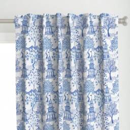 Chinoiserie Curtain Panel - Blue White Toile Pagoda Landscape & Custom Forest Blues By Danika_Herrick - thumbnail 1
