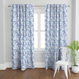 Chinoiserie Curtain Panel - Blue White Toile Pagoda Landscape & Custom Forest Blues By Danika_Herrick - thumbnail 2