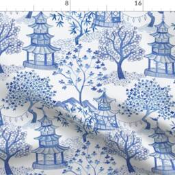 Chinoiserie Curtain Panel - Blue White Toile Pagoda Landscape & Custom Forest Blues By Danika_Herrick - thumbnail 4