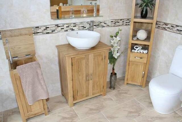 Solid Oak Bathroom Vanity Unit - Slim Line Compact Sink Cabinet Ceramic Wash Basin Tap & Plug - image 1