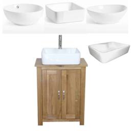 Solid Oak Bathroom Vanity Unit - Slim Line Compact Sink Cabinet Ceramic Wash Basin Tap & Plug - thumbnail 2