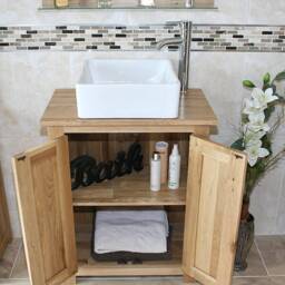 Solid Oak Bathroom Vanity Unit - Slim Line Compact Sink Cabinet Ceramic Wash Basin Tap & Plug - thumbnail 3