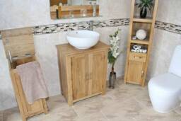 Solid Oak Bathroom Vanity Unit - Slim Line Compact Sink Cabinet Ceramic Wash Basin Tap & Plug - thumbnail 1