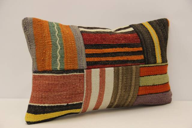 Turkish Kilim Pillow Cover, Wool Patchwork Lumbar Cushion - 12x20 In - image 1