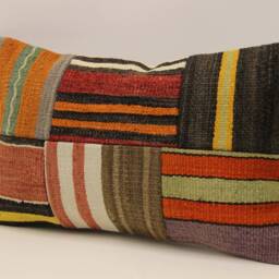 Turkish Kilim Pillow Cover, Wool Patchwork Lumbar Cushion - 12x20 In - thumbnail 3