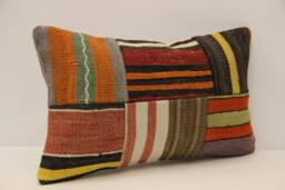 Turkish Kilim Pillow Cover, Wool Patchwork Lumbar Cushion - 12x20 In