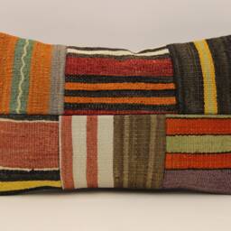Turkish Kilim Pillow Cover, Wool Patchwork Lumbar Cushion - 12x20 In - thumbnail 2