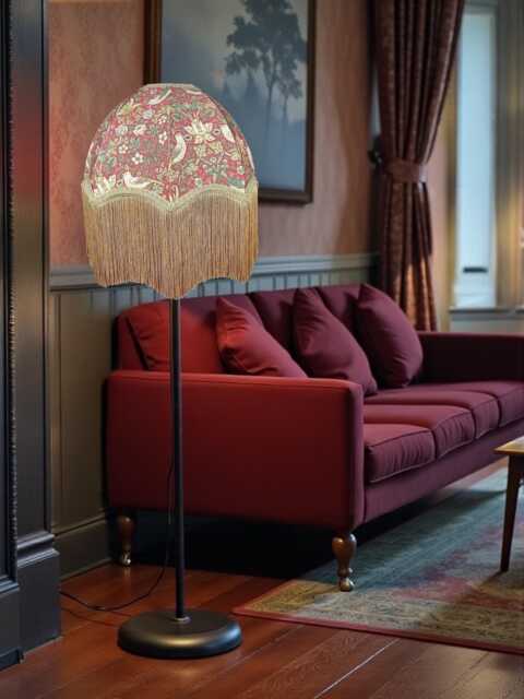 Handmade William Morris Strawberry Thief Lampshade Crimson Red Dome With Gold Fringe - image 1