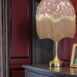 Handmade William Morris Strawberry Thief Lampshade Crimson Red Dome With Gold Fringe - thumbnail 2