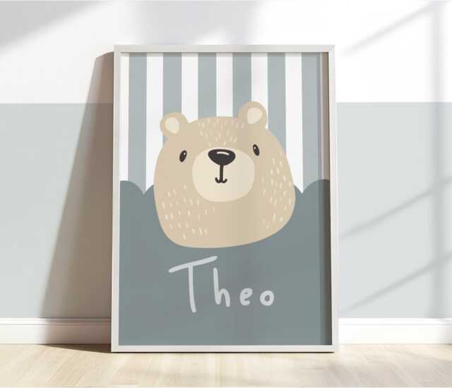 Personalised Bear Print in Blue, Cute Poster, Neutral Kids Playroom Bedroom Decor, Boy Nursery Wall Art - image 1