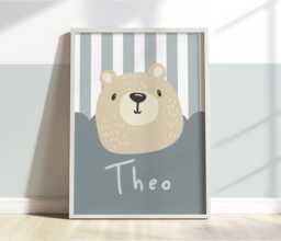 Personalised Bear Print in Blue, Cute Poster, Neutral Kids Playroom Bedroom Decor, Boy Nursery Wall Art - thumbnail 1