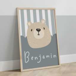 Personalised Bear Print in Blue, Cute Poster, Neutral Kids Playroom Bedroom Decor, Boy Nursery Wall Art - thumbnail 3