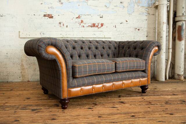 British Handmade 2 Seater Tan Tweed Chesterfield Sofa Vintage Leather Details - image 1